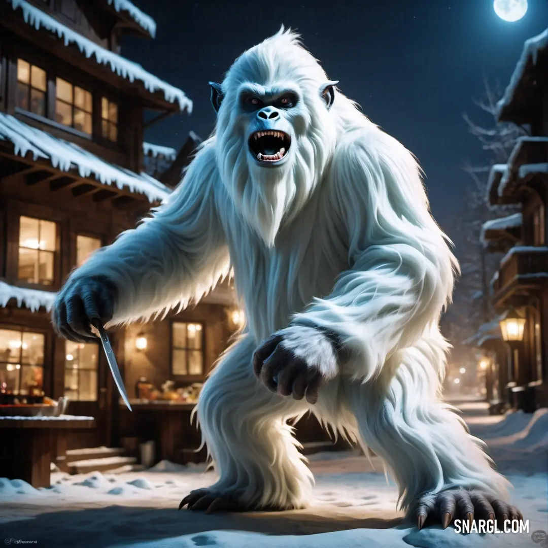 Big white furry Yeti standing in the snow at night with a building in the background and a full moon