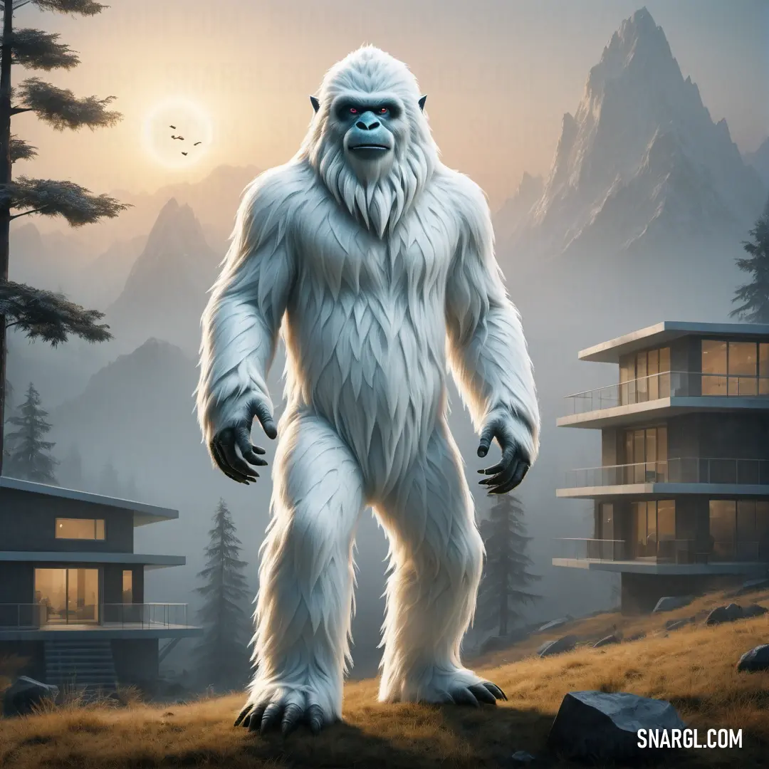 Big white Yeti standing in front of a mountain house with a bird flying above it