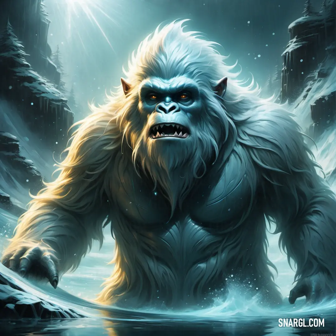 Bigfoot is standing in the water with his mouth open and his eyes closed