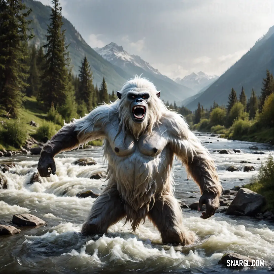 Bigfoot standing in a river with mountains in the background