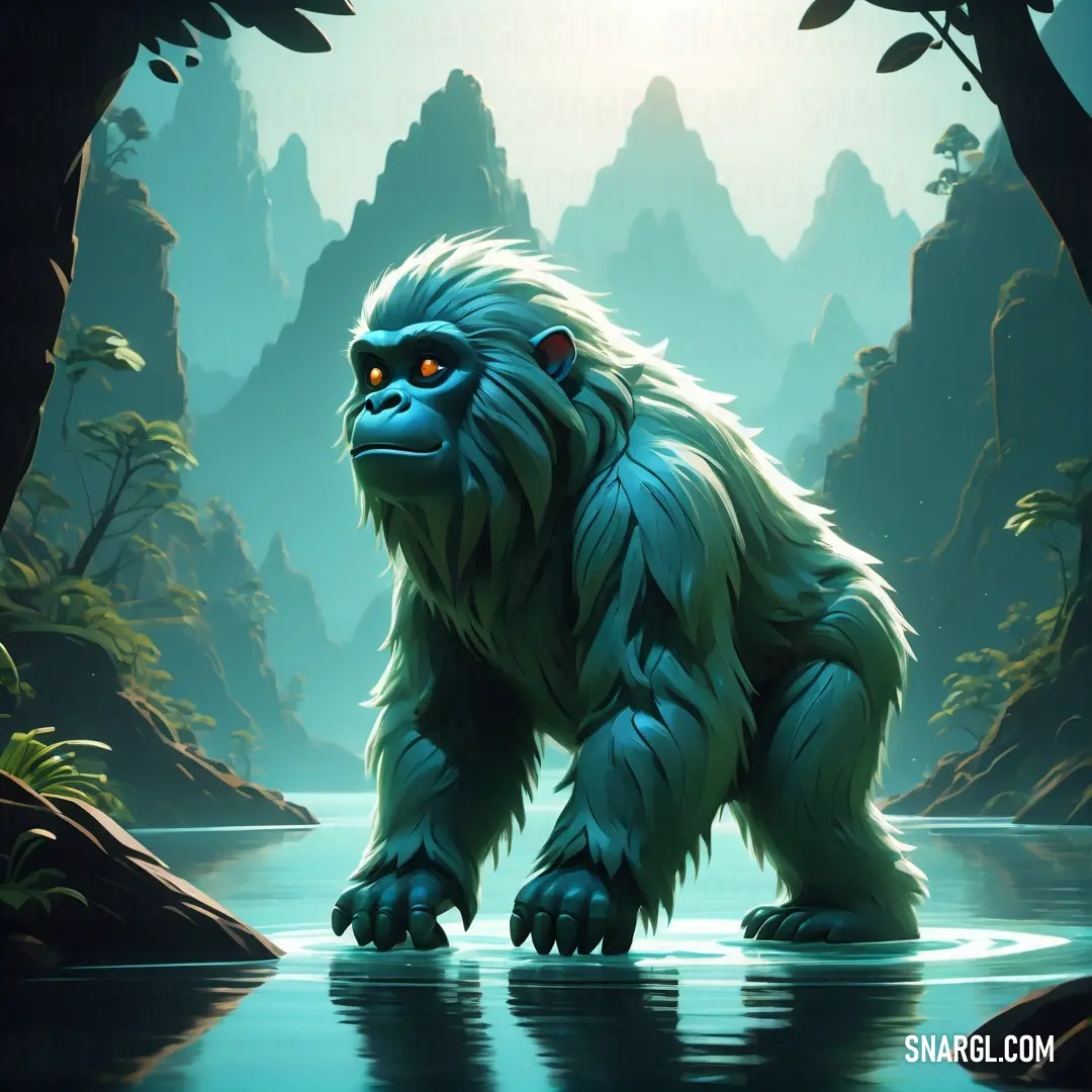 Cartoon of a big furry Yeti standing in the water with a mountain background behind it and a river running through it