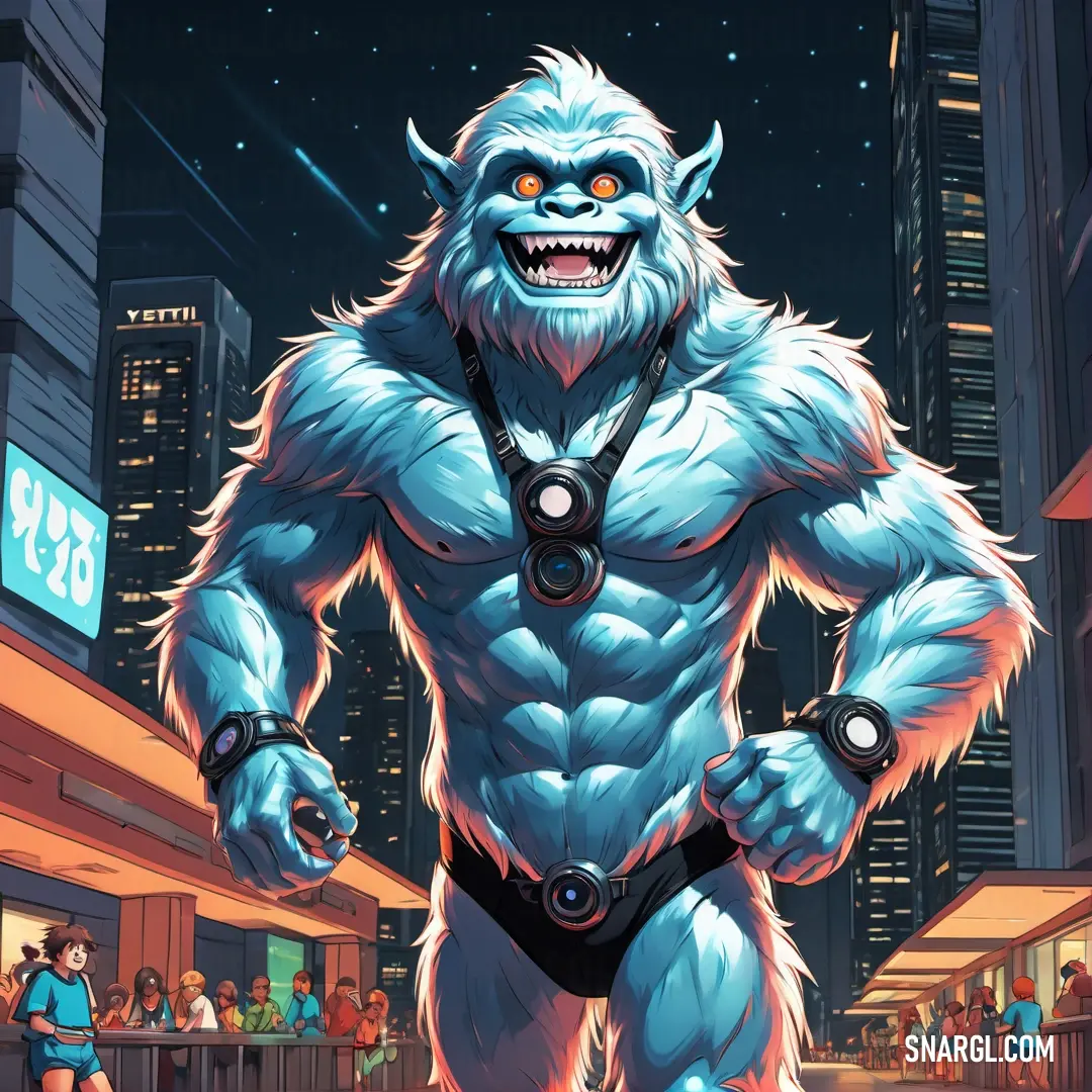 Cartoon of a big furry male Yeti in a city at night with a cityscape in the background