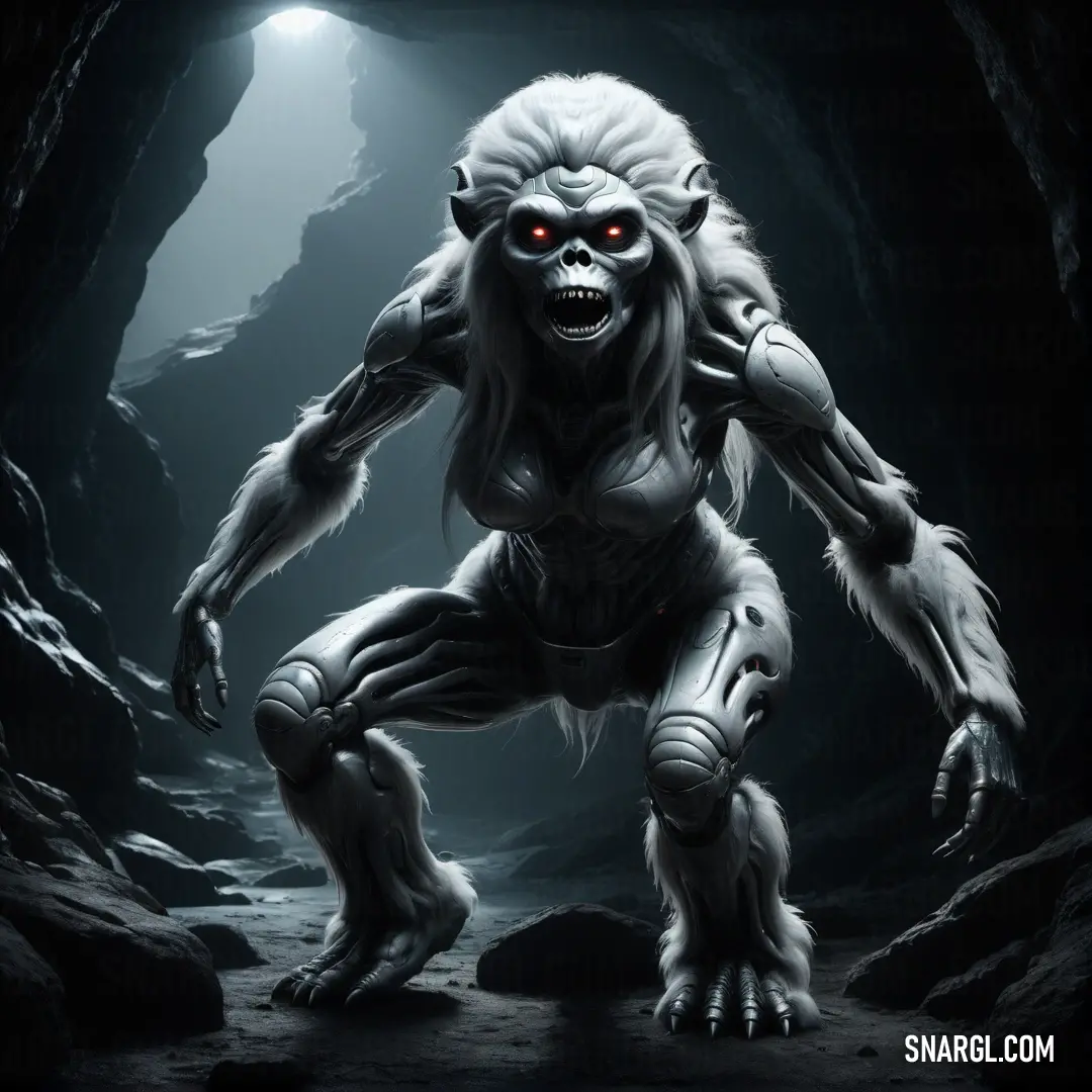 Yeti with red eyes and a big body of fur in a cave with a light shining on it