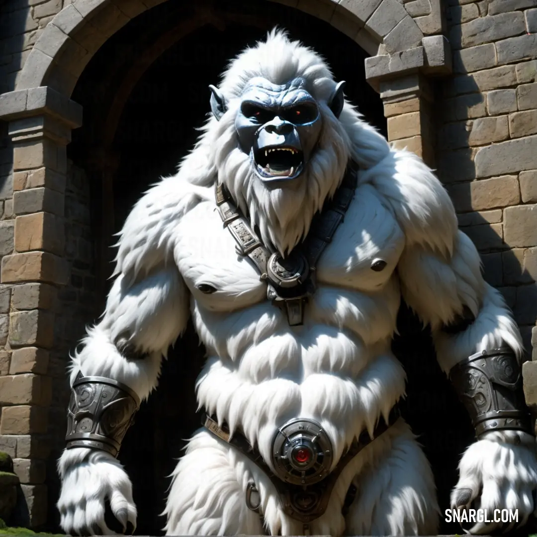 Giant white furry Yeti standing in front of a building with a stone entrance way and a brick wall