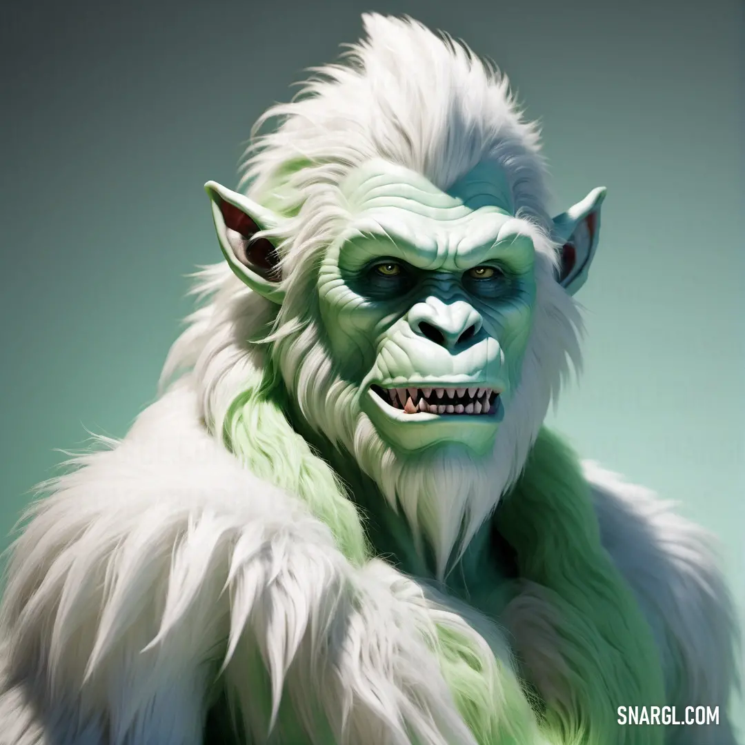 Green and white Yeti with a big griny face and long hair