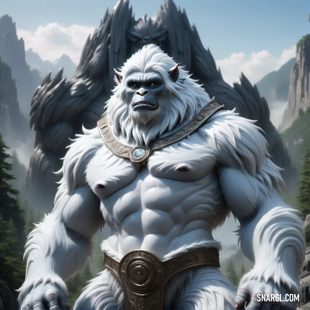 White furry Yeti with a large belt around his waist and a huge mountain behind it