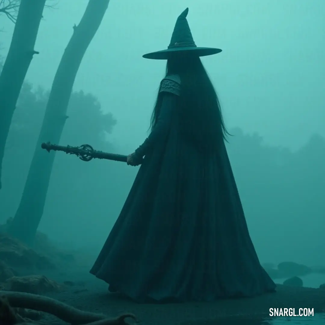 Enchantress in Wizard Costume Amidst a Foggy Forest A young enchantress adorned in a mystical wizard costume, wielding a shimmering wand, stands in a fog-laden forest, surrounded by tall, ancient trees and rugged stones that evoke an air of mystery and magic.