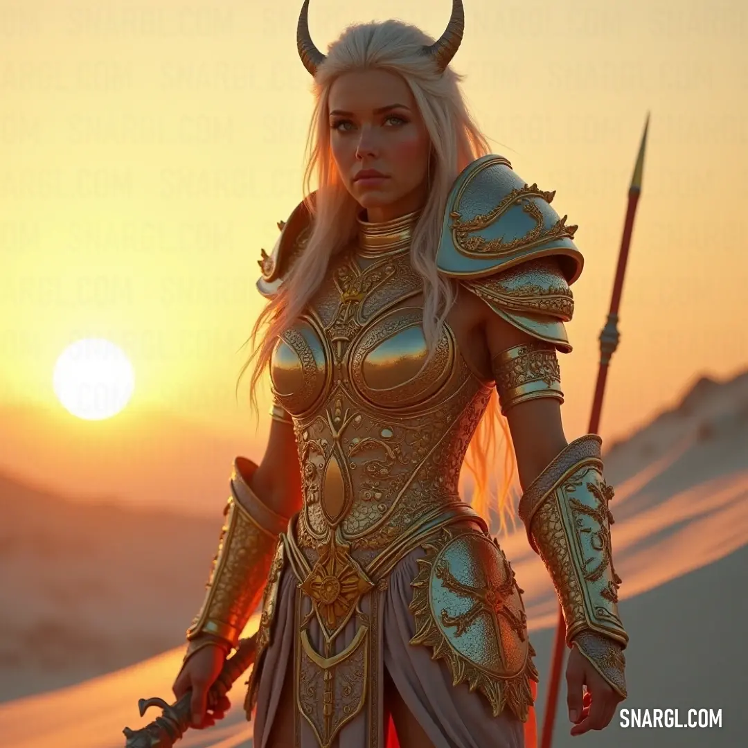 Ylva, dressed with horns and a sword, stands in a desert at sunset, casting a powerful silhouette against the glowing sky. Ylva, adorned in a costume with horns, holds a sword as she stands in the vast desert at sunset. The golden light casts long shadows, creating a dramatic contrast between the glowing horizon and her fierce, determined posture.