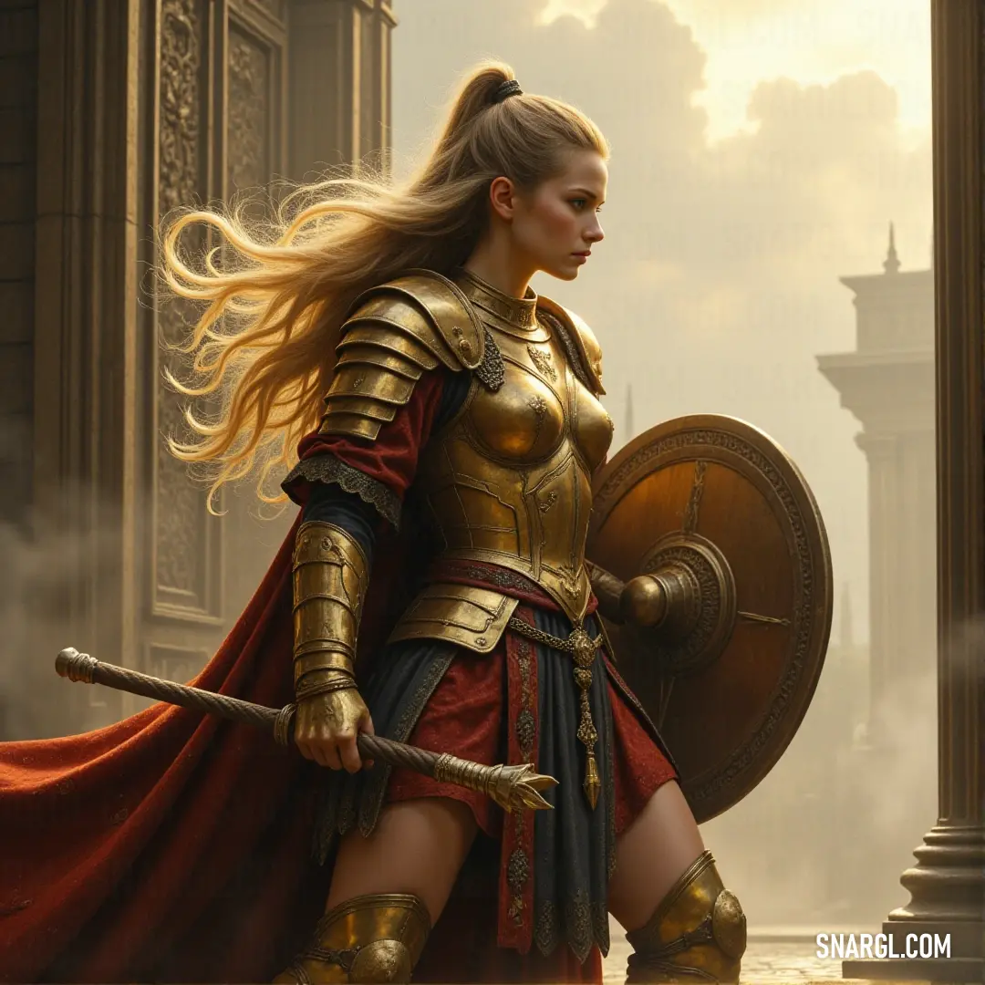 A fierce warrior in golden armor stands in a city street, sword and shield ready, surrounded by the quiet echoes of a forgotten era. Clad in shining golden armor, a warrior woman holds a sword and shield with unmatched poise. The city street behind her is bathed in soft light, with an ancient pillar standing tall in the background as a reminder of history’s might.