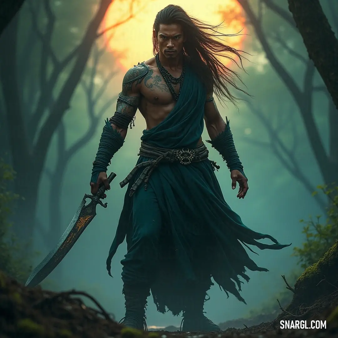 A bold figure wielding a sword in a lively forest, illuminated by shafts of sunlight filtering through the trees. With a sword held high, a bold figure stands amidst a lush forest, rays of sunlight filtering through the dense foliage. The interplay of shadows and light enhances the sense of adventure, inviting viewers into a world filled with possibility.