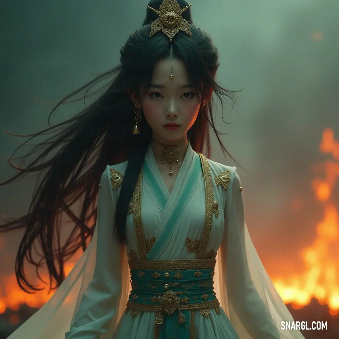 A beautiful young woman in a striking blue dress and crown stands in front of a dancing fire, her long hair cascades gracefully, creating a captivating and enchanting atmosphere. A stunning young woman in a vibrant blue dress, adorned with a majestic crown, stands poised in front of a flickering fire, her long flowing hair illuminated by the warm glow, evoking a sense of magic and adventure in a mystical setting.