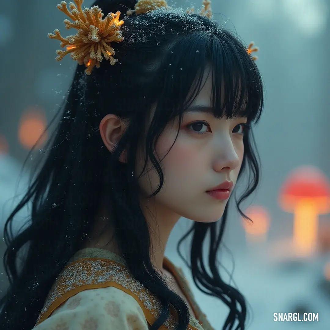 A graceful figure adorned with long hair and a delicate flower positioned elegantly in her locks radiates tranquility and beauty, surrounded by a nature-inspired setting that enhances her charm.