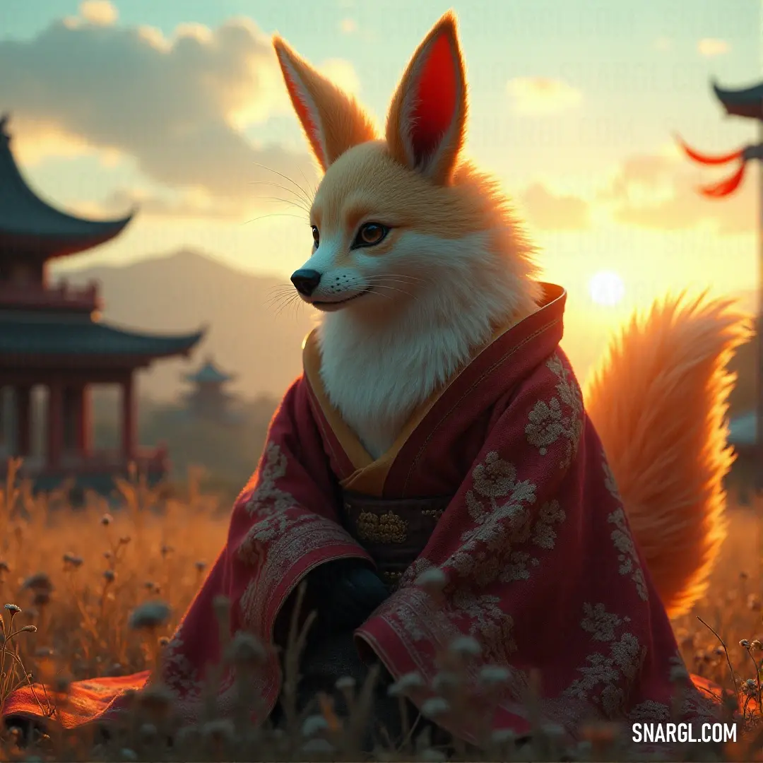 A fox in a kimono, standing in a peaceful field as the sun sets, creating a serene and warm atmosphere. A fox in a delicate kimono stands gracefully in a grassy field, its surroundings bathed in the golden glow of a sunset. The soft breeze sways the grass as the fox gazes toward the horizon in a moment of tranquility.