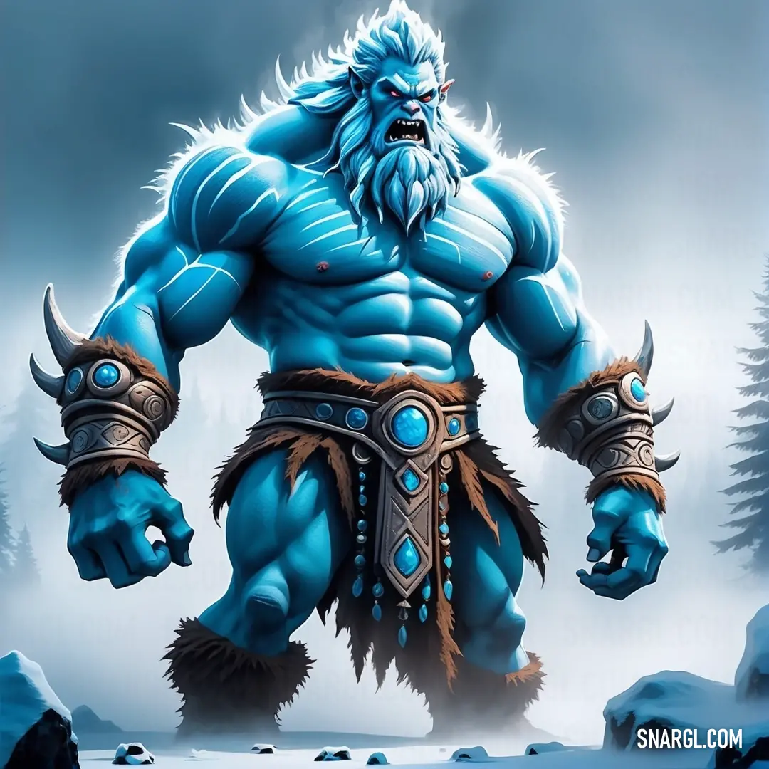 A blue Yotun with a thick beard stands tall, his beard wrapped in a band, his piercing gaze focused as snowflakes swirl around his imposing form in the frozen landscape.