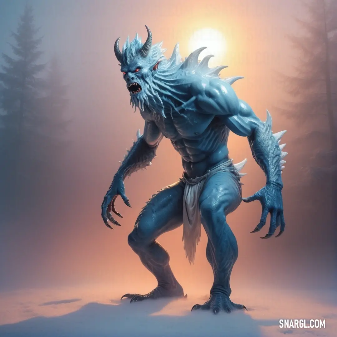 A mysterious Yotun with a glowing light on his face, standing in a cold, icy world. The light emanates from within him, casting an ethereal glow over his features as he gazes ahead with quiet determination.
