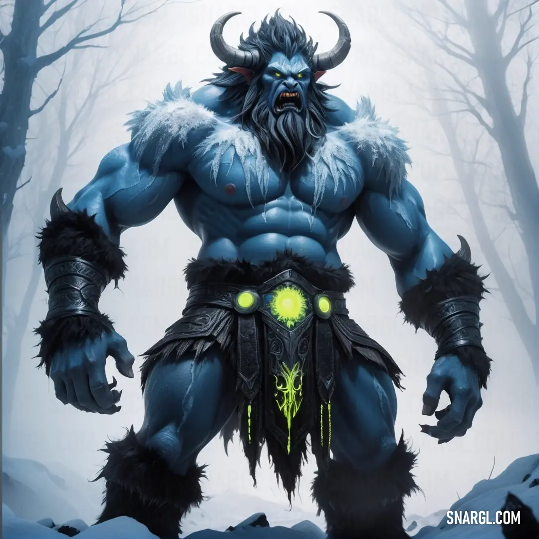 A glowing Yotun stands in the snow, his eyes and chest illuminated by an ethereal light, while the surrounding trees remain dark and still in contrast to his radiance.