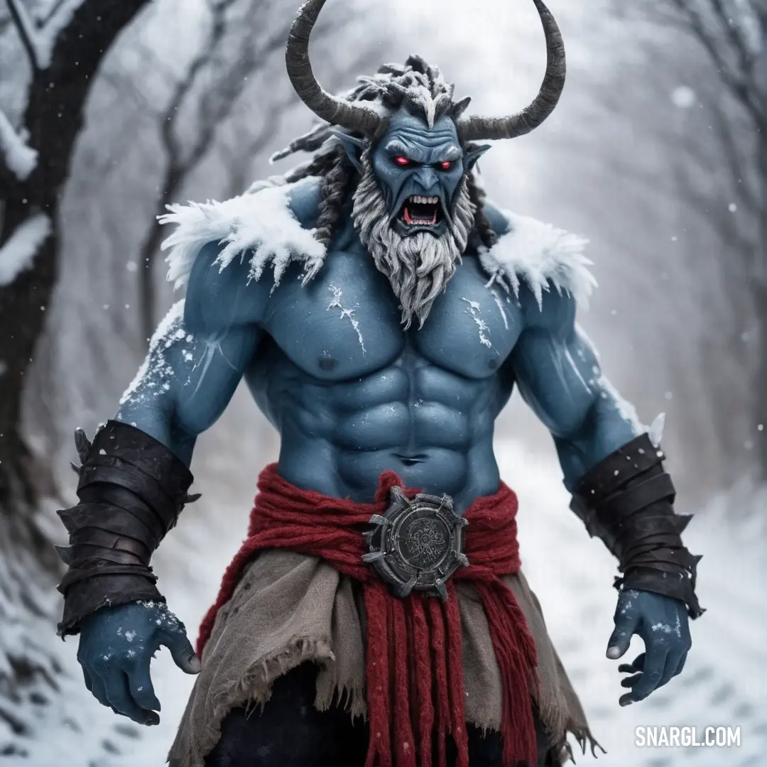 A stone statue of a male Yotun stands tall in the snow, his horned head crowned with a fierce expression, wrapped in a vibrant red scarf that contrasts against the cold winter landscape.