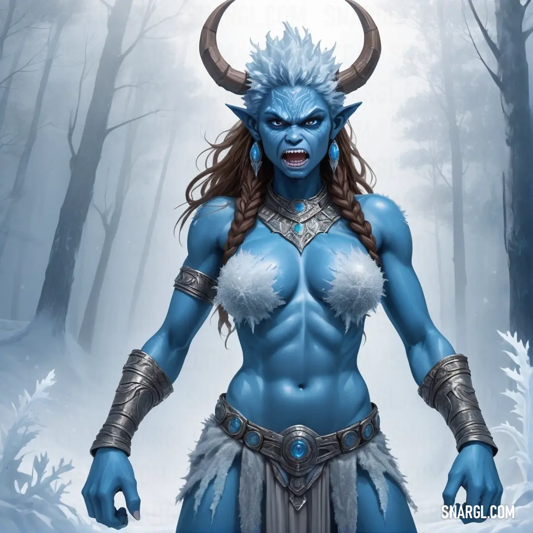 A Yotun with a horned head and blue outfit walks through a snowy forest, her face dusted with snow, exuding an air of mystery and strength as she moves silently through the winter landscape.