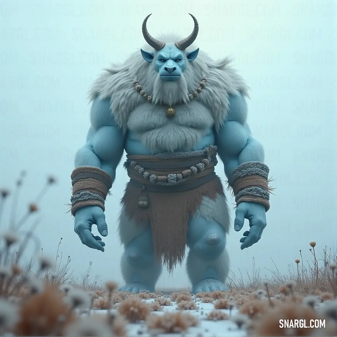 A powerful blue Yotun with intricate horns and a long beard, standing tall in a vibrant field of grass and colorful flowers, amidst a blanket of fresh snow, with a serene sky overhead.