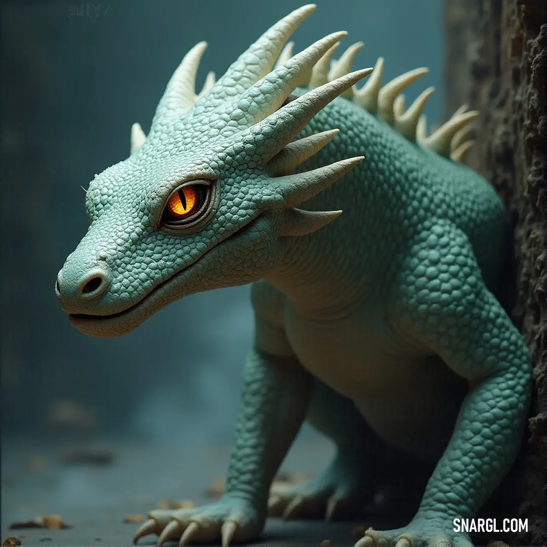 A Toy Yuan-Ti with glowing eyes stands next to an ancient tree trunk, surrounded by a dark, mysterious landscape. A mysterious Toy Yuan-Ti with glowing eyes, poised beside a weathered tree trunk, set against a rocky backdrop and an eerie, shadowy atmosphere.