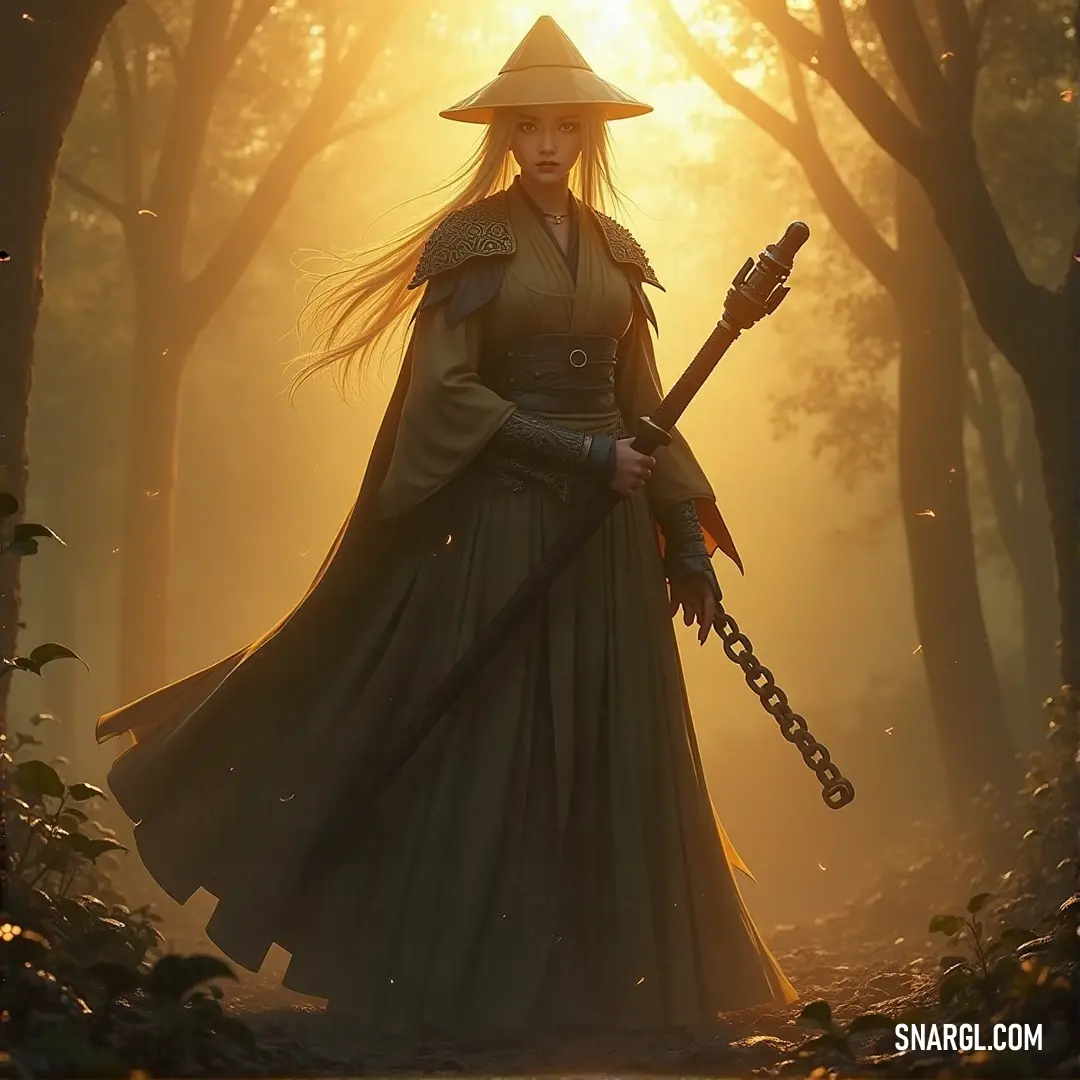 Yukari, draped in a flowing long dress, holds a sword with a fierce yet graceful stance. The warm light from the setting sun casts a golden glow on her, as sunbeams break through the forest behind her, adding a magical aura to the scene.