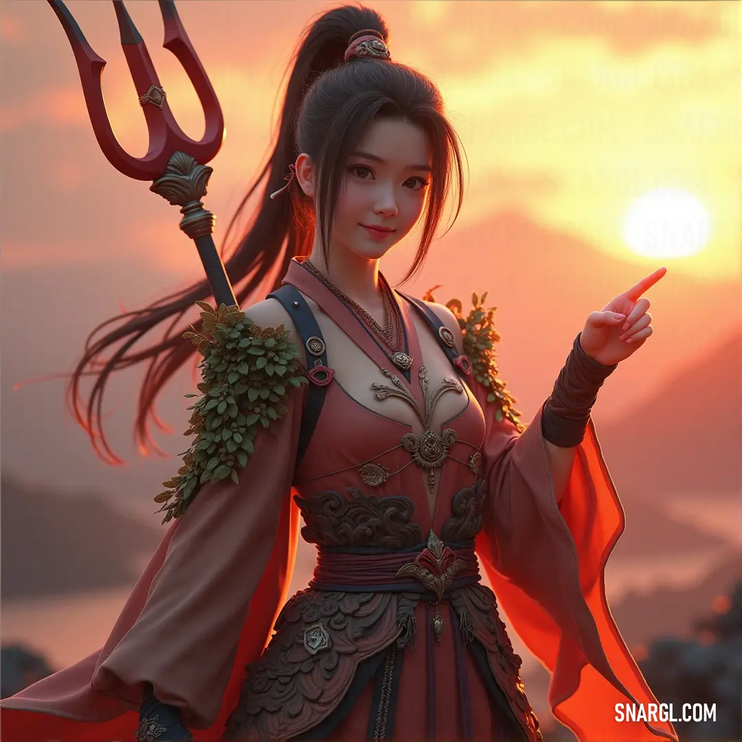 Yukihime, a serene and elegant figure, stands with a staff and flower in hand, captured in the golden warmth of a sunset as she embraces nature’s beauty. A mystical character named Yukihime, holding a staff with a delicate flower in hand, standing gracefully against the warm glow of a breathtaking sunset. Her intricate costume and calm demeanor add to the enchantment of the moment.
