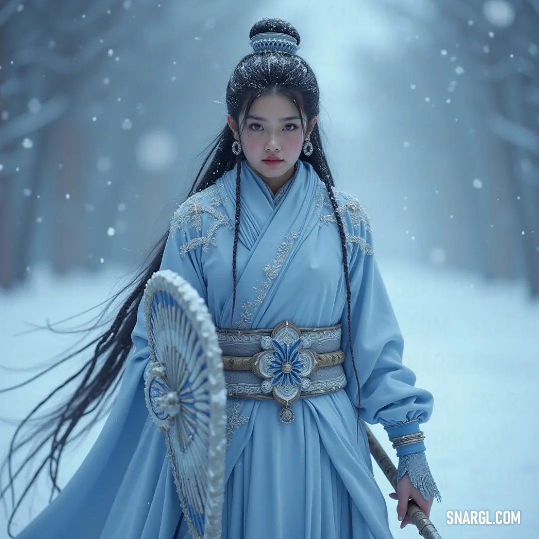 A young girl in a blue dress holds a fan in a serene snowy landscape, surrounded by trees, embodying the beauty of winter. A young girl in a flowing blue dress elegantly holds a delicate fan, surrounded by a serene winter landscape. Snowflakes flutter around her, and trees provide a picturesque backdrop, creating a scene of tranquility and grace against the frosty beauty of n