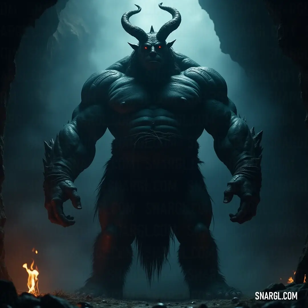 The Monstrous Guardian of the Cave with a Yurei Oni A fearsome creature stands guard within a cavern, where shadows spiral around it, proudly wearing a Yurei Oni upon its menacing head, merging the realms of the living and the supernatural in a chilling tableau.