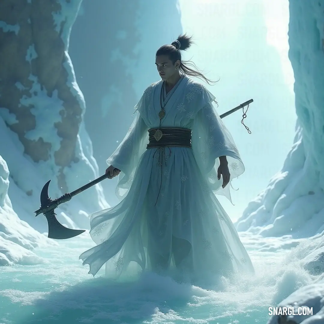 Defiant Yusei Fudo, clad in a white dress, wields an imposing large axe in a breathtaking icy landscape, embodying strength and resilience amid the frosty beauty of his surroundings. In an icy wilderness, Yusei Fudo dons a flowing white dress, gripping a large axe, his determined expression showcasing strength and resolve against the backdrop of shimmering ice and frost.