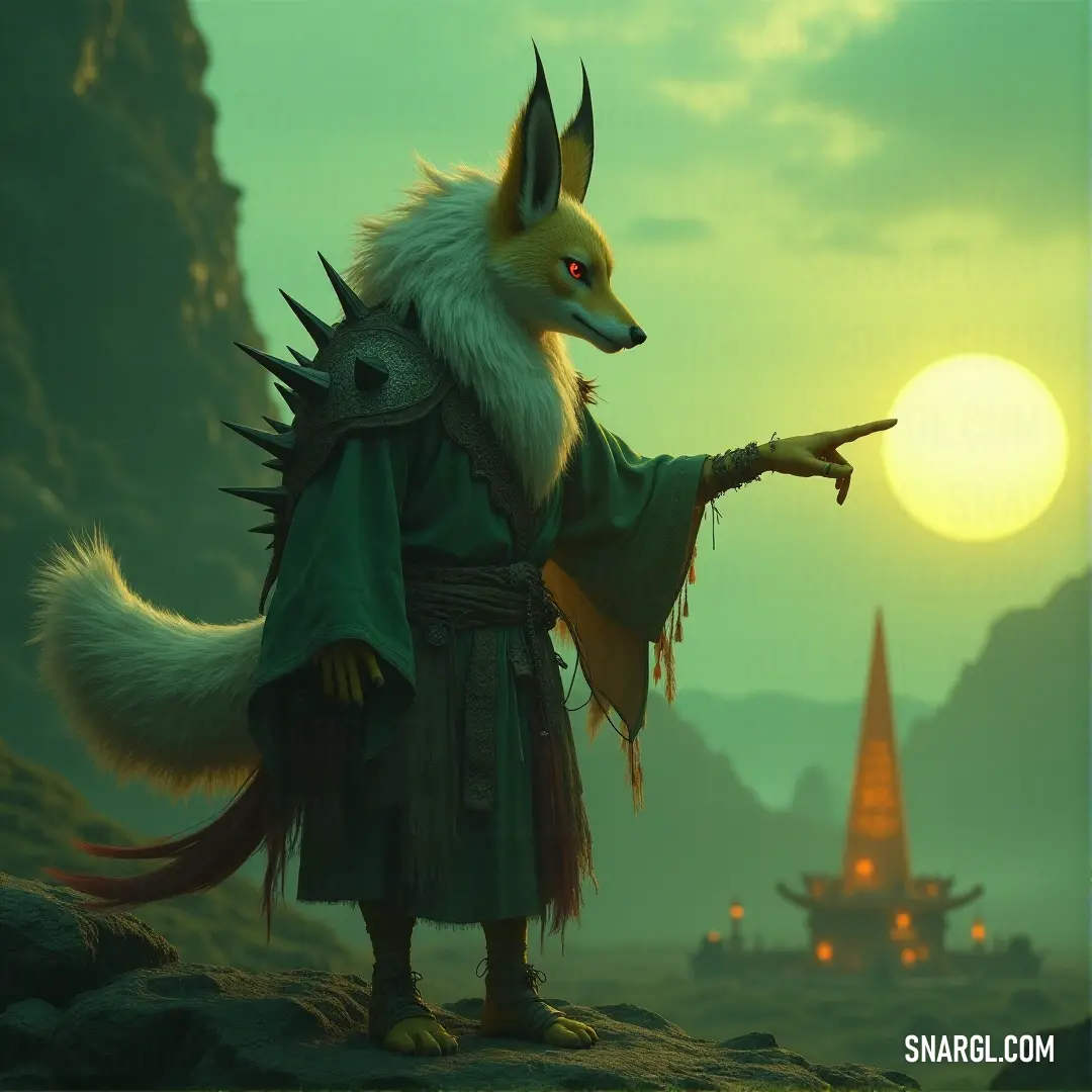 Fox dressed in a green outfit pointing at the sun with a mountain in the background