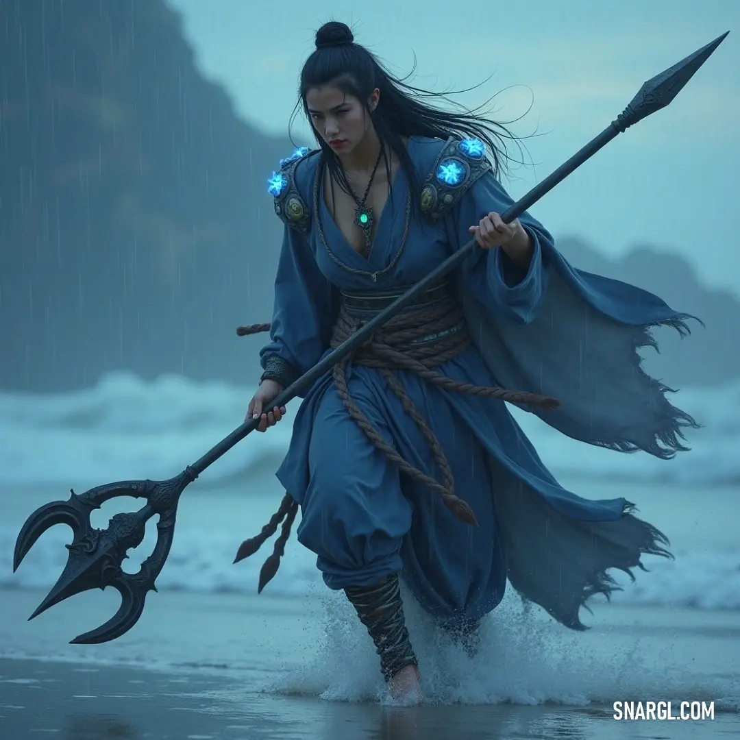 A striking figure with long black hair and a blue dress wields a majestic spear, radiating an ethereal blue light in a captivating scene of enchantment. A mesmerizing figure with flowing black hair clad in a stunning blue dress, brandishing a towering spear and illuminating the space with a magical blue light, casting a spell of wonder.