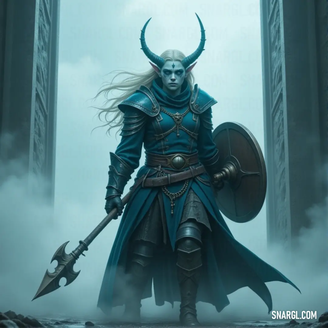 Yvonnel Baenre, holding a sword and shield, stands with unyielding determination in front of towering, ancient structures, ready to face whatever challenge lies ahead. Yvonnel Baenre, clad in a stunning blue outfit, stands with sword and shield in hand. The tall towers of an ancient, imposing building rise in the background, and her stance reflects both readiness and resolve in the face of an impending challenge.