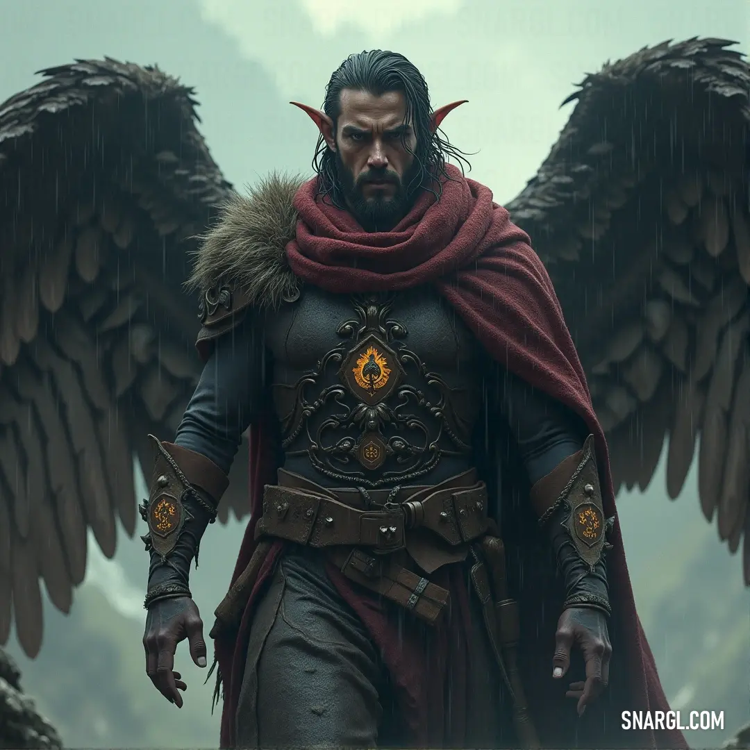 Zadkiel, cloaked in mystery, stands tall with angelic wings and a red cape flowing from his shoulders. A cloak conceals his face, adding an air of intrigue as he gazes forward, embodying a presence both divine and otherworldly.