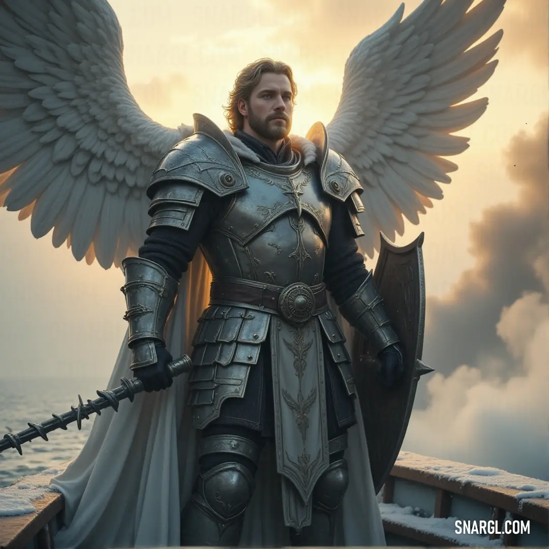 Clad in shining armor, Zadkiel holds his sword steady while aboard a boat, his wings unfurled as he sails across the waters. A determined protector, he is ready to face whatever lies ahead. Zadkiel, adorned in armor with his angelic wings spread, grips his sword while standing aboard a boat in the midst of water. His powerful stance reflects a fierce protector, ready to navigate any storm or challenge that comes his way.