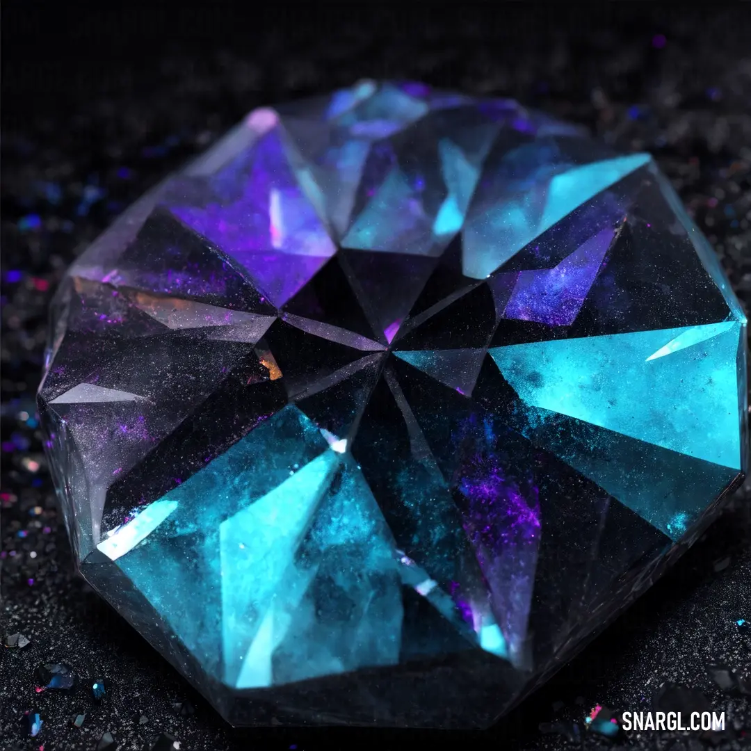 Blue and purple diamond on a black surface with a black background with a black border