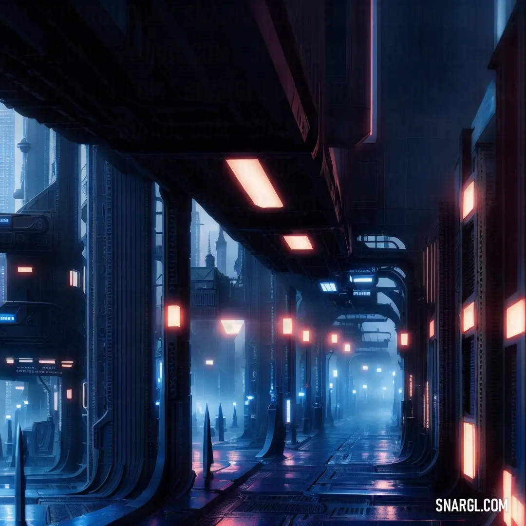 Futuristic city with a lot of lights and a person walking down the street in the rain at night