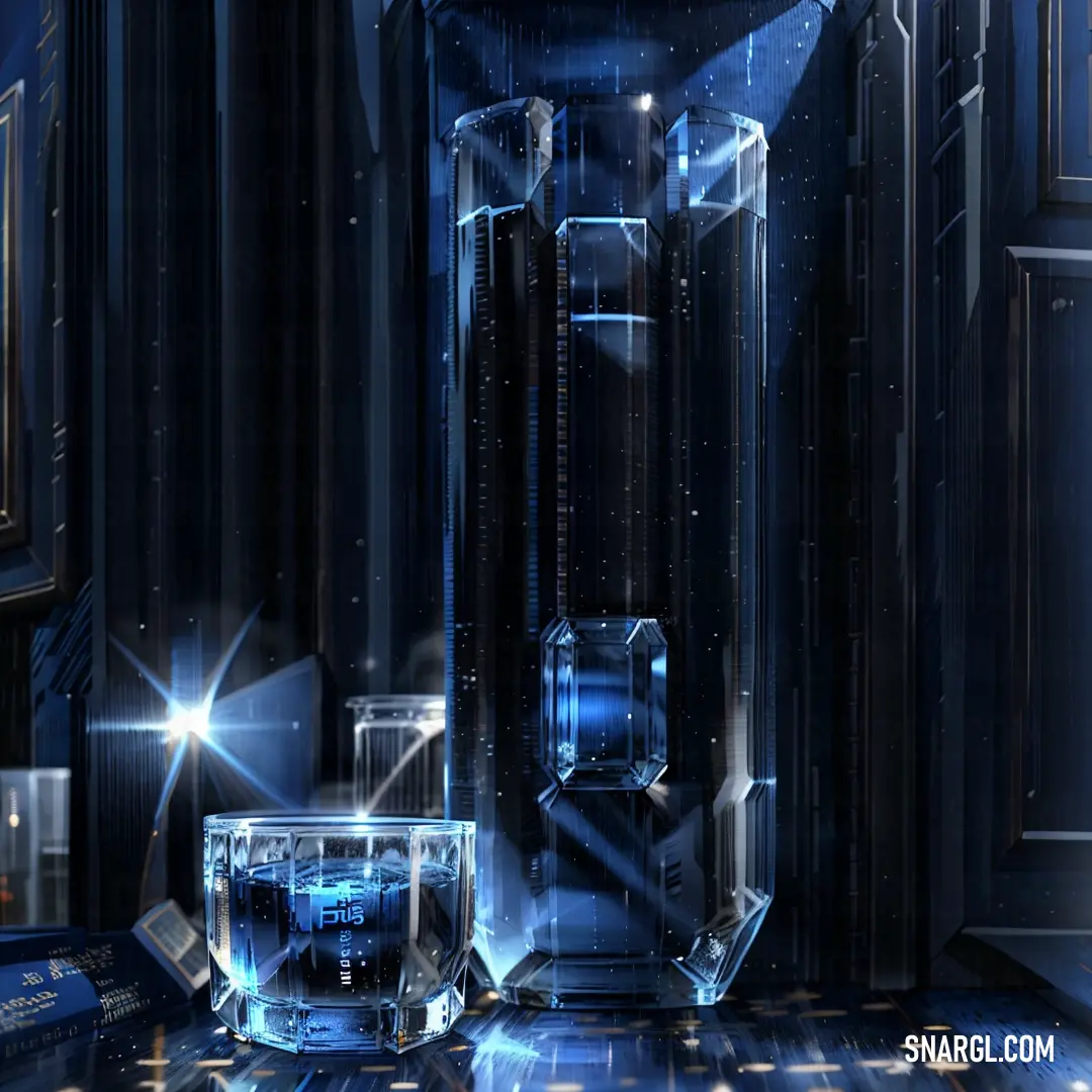 Futuristic clock tower with a glass of water in front of it