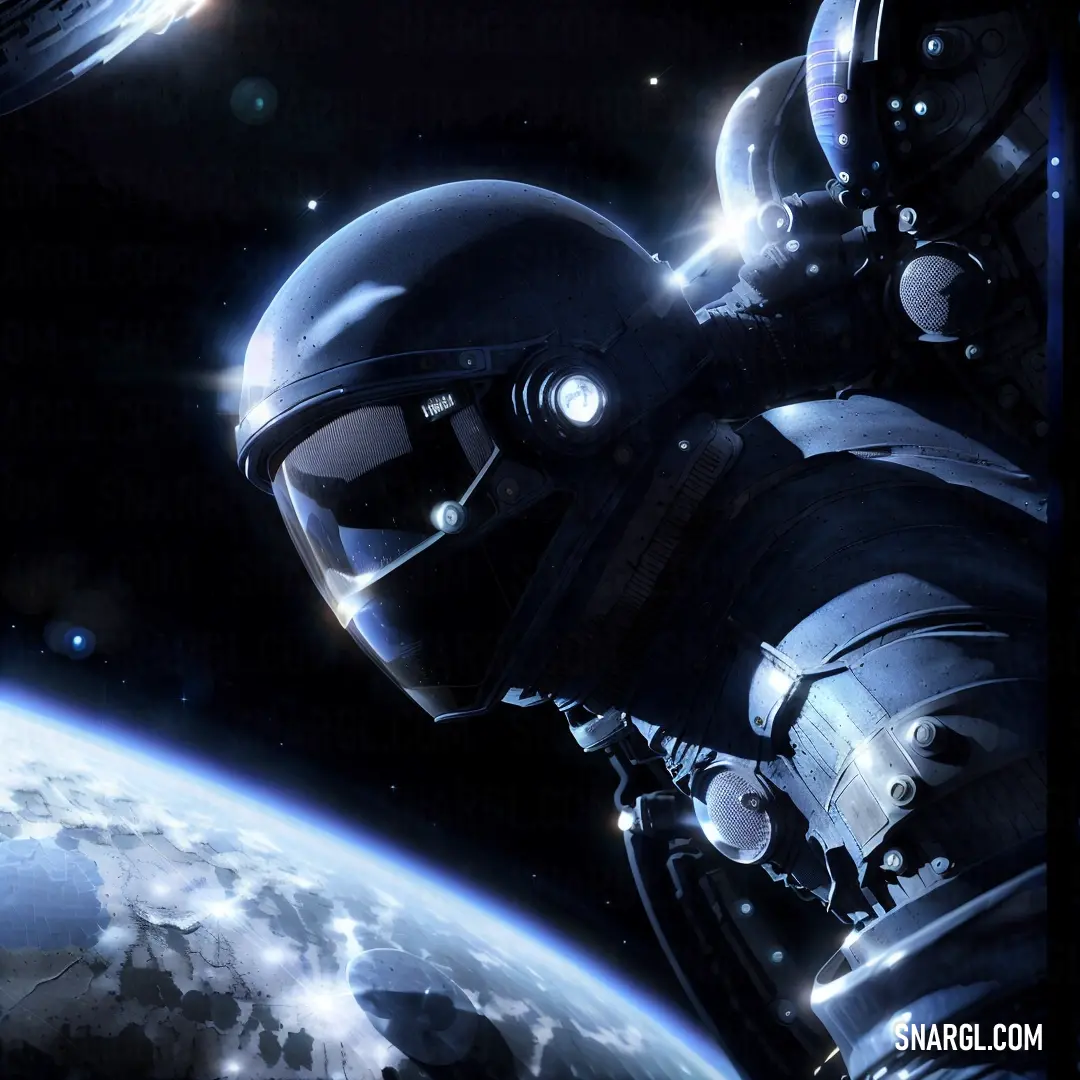 Man in a space suit is in front of a planet and a spaceship in the background with a bright light