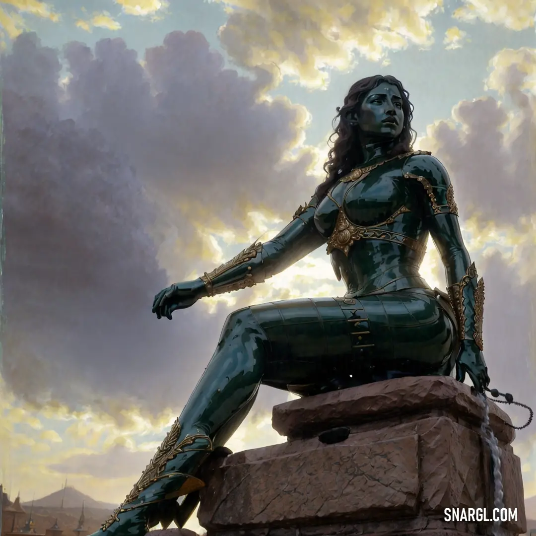 Statue of a woman on a rock in front of a cloudy sky with a sky background and clouds