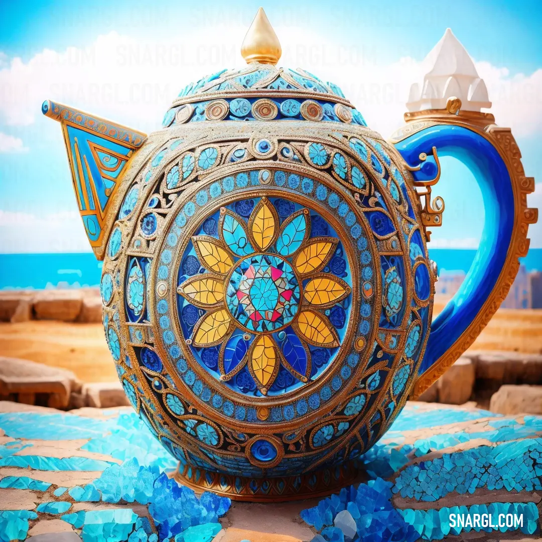 Teapot with a design on it on a table next to the ocean and a blue sky. Color Zaffre.
