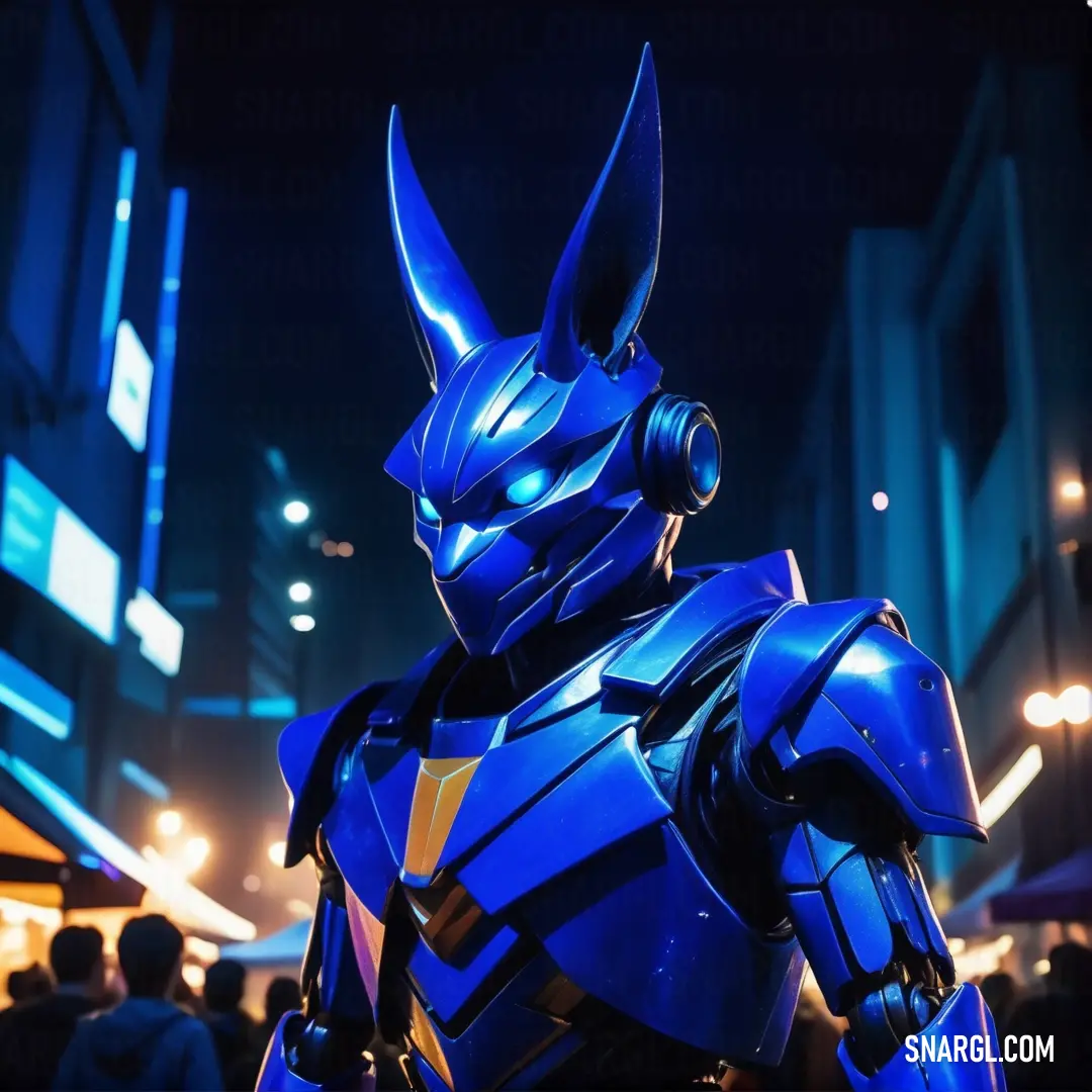 Robot suit is standing in a city at night with people in the background. Example of CMYK 100,88,0,34 color.