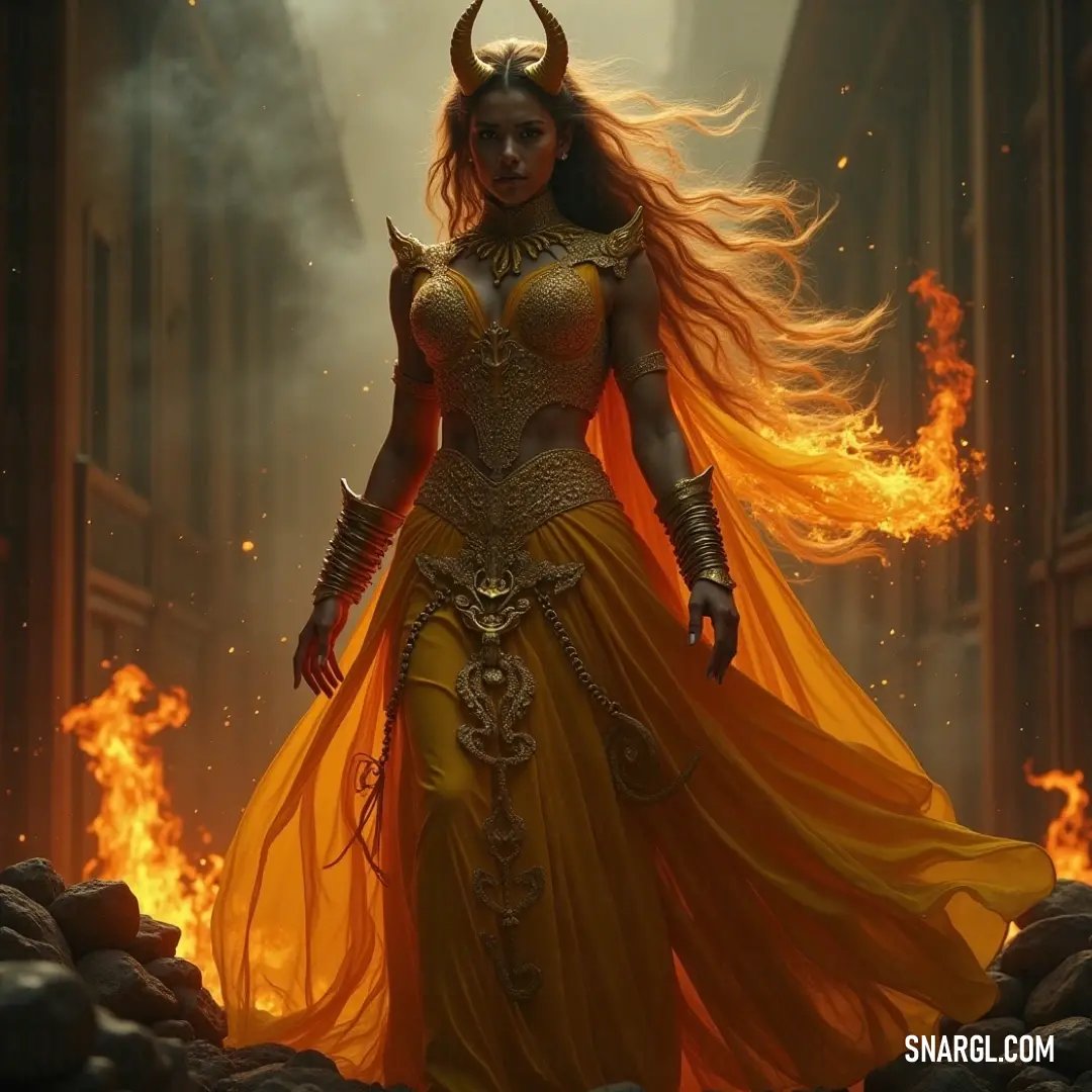 Zagan, dressed in a striking yellow gown with a matching cape, stands boldly in a swirling fire pit, her horns glinting in the radiant flames, a beacon of power and intensity. Zagan, adorned in a vivid yellow dress and matching cape, stands amidst a fiery pit, her horned visage noble and fierce, as flames dance in the background, casting an ethereal glow upon her.