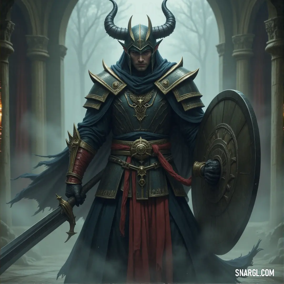 A fierce warrior, clad in horns, holds his sword and shield high in the foggy woods, as the dense mist swirls around him and the trees stretch into the unknown. A dark and mysterious figure in a horned costume, wielding a sword and shield. Surrounded by misty fog, he stands tall in a shadowy forest, where towering trees loom in the background.