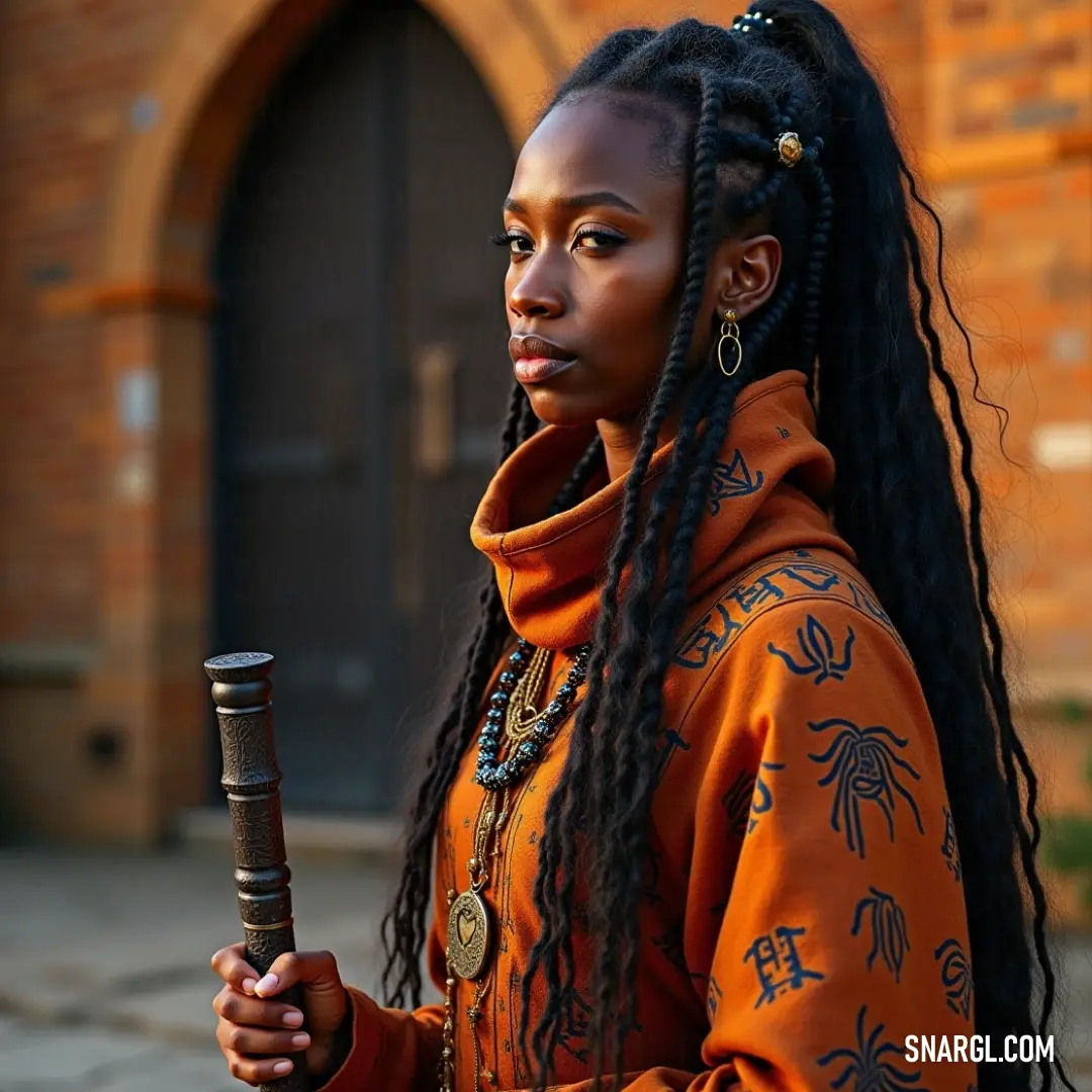 Zainab, with long hair and a spider-themed hoodie, holding a large metallic object with a fierce expression. Zainab, with flowing long hair, grips a large metal object, her hoodie featuring a distinctive spider design. She stands strong and poised, against a dynamic background that emphasizes her focus and strength in this gripping moment.