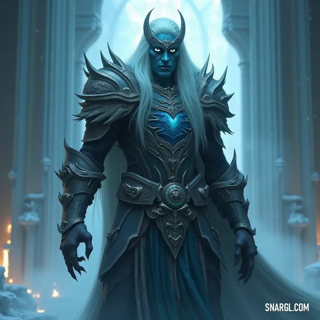 Zaknafein Do'Urden in a striking blue outfit, his face adorned with horns, exudes an aura of mystery and power as he stands against an unknown backdrop. Zaknafein Do'Urden strikes a menacing pose in a deep blue outfit, his face partially obscured by horns protruding from his forehead. The mystic aura around him suggests power, as his sharp gaze pierces the scene, leaving an air of anticipation.