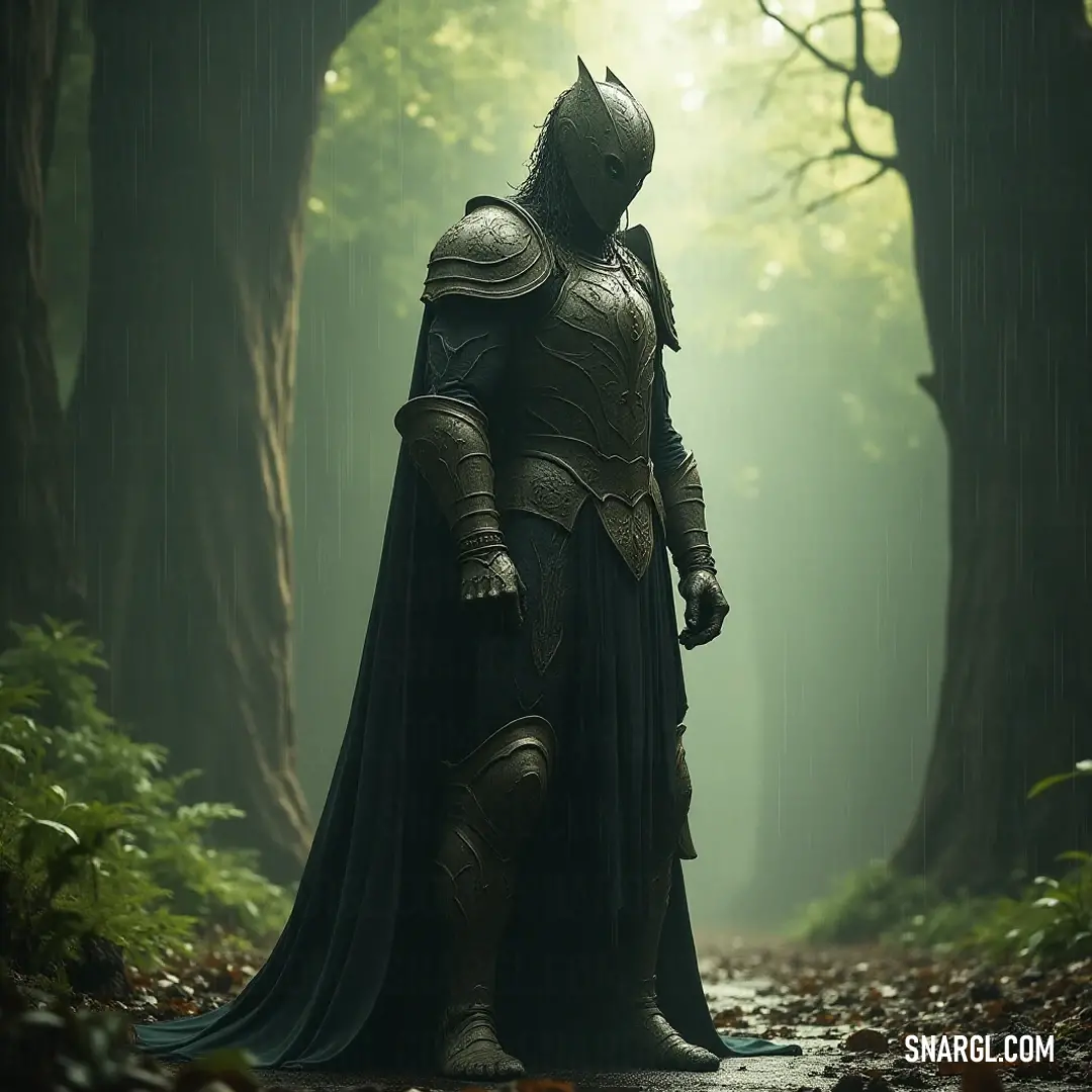 Amidst a tranquil forest of autumn hues, a brave knight stands vigil, surrounded by nature's beauty and the whispers of leaves in the gentle breeze. A gallant knight stands amidst a serene forest, the fallen leaves carpeting the ground in autumnal colors as sunlight filters through the towering trees, casting dappled shadows.