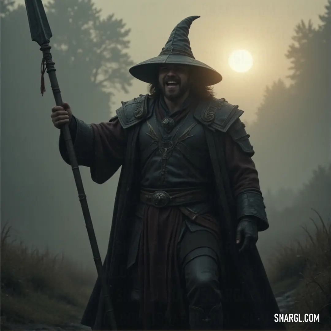 A lone figure in a hat and coat, carrying a sword and stick, walks through a foggy forest at sunset, his every step a promise of adventure. A determined figure in a hat and coat, holding both a stick and a sword, walks through a foggy forest at sunset, where the last rays of daylight mix with the mist to create an atmosphere of mystery and anticipation.