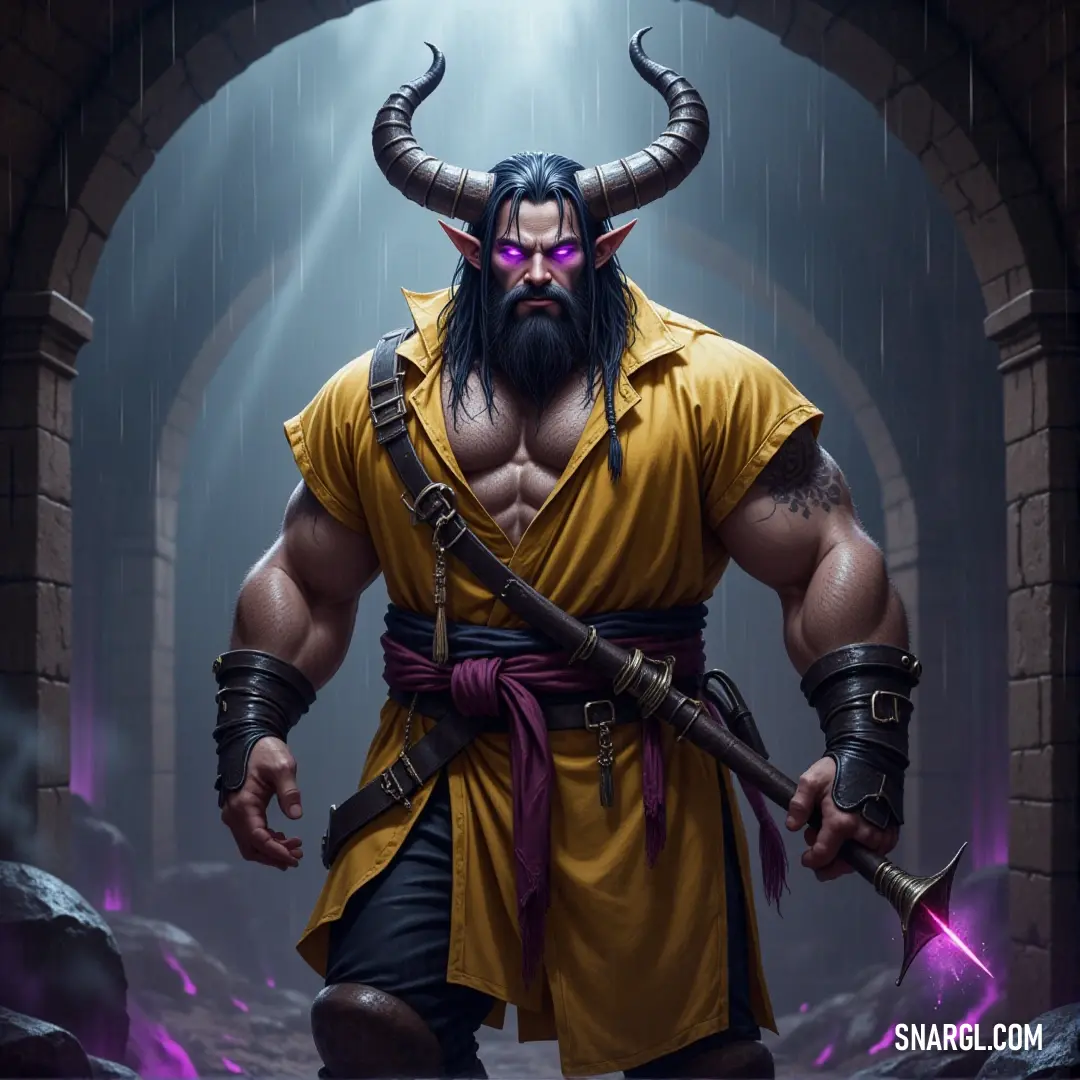 Zangief, with a horned head and sword in hand, stands prepared in the forest, ready for battle. Zangief, his head crowned with horns, stands tall in the forest with a sword in hand. His powerful build and intense gaze reflect his readiness to face any adversary that crosses his path.
