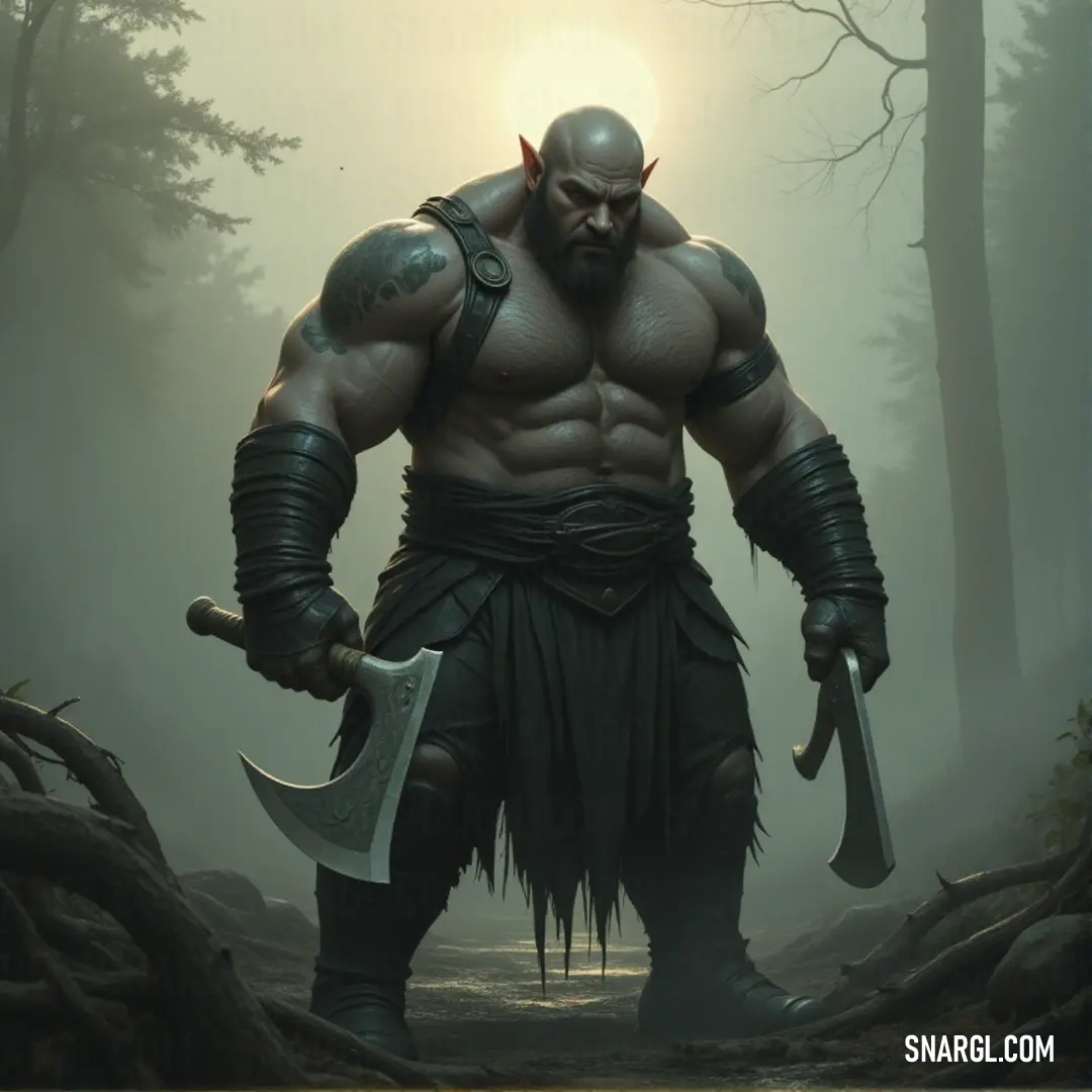 Zangief, armed with a giant axe, stands in a dense forest, ready to face any challenge with strength and determination. Zangief, a formidable figure with a massive axe, stands resolute in the forest. His muscular frame and intense gaze convey power as he grips the giant axe, ready for anything the wild woods might throw his way.