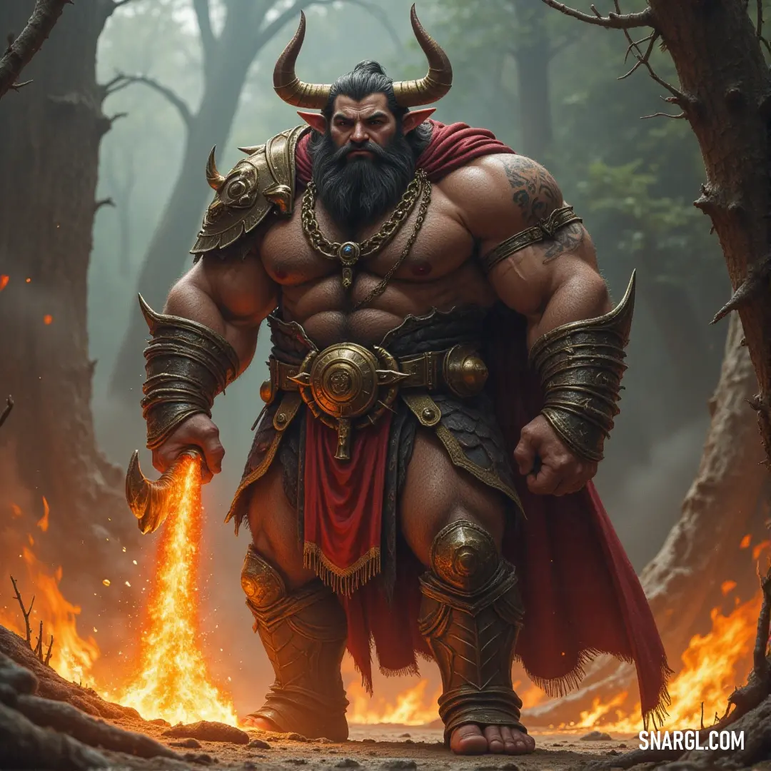 Zangief, his face adorned with horns, channels fiery energy in the forest, his presence both terrifying and commanding. A powerful Zangief, with flames dancing in his hands and a horned face, stands in the forest. His intense gaze and fiery aura make him appear as both warrior and elemental force, blending with the very essence of the wilderness.